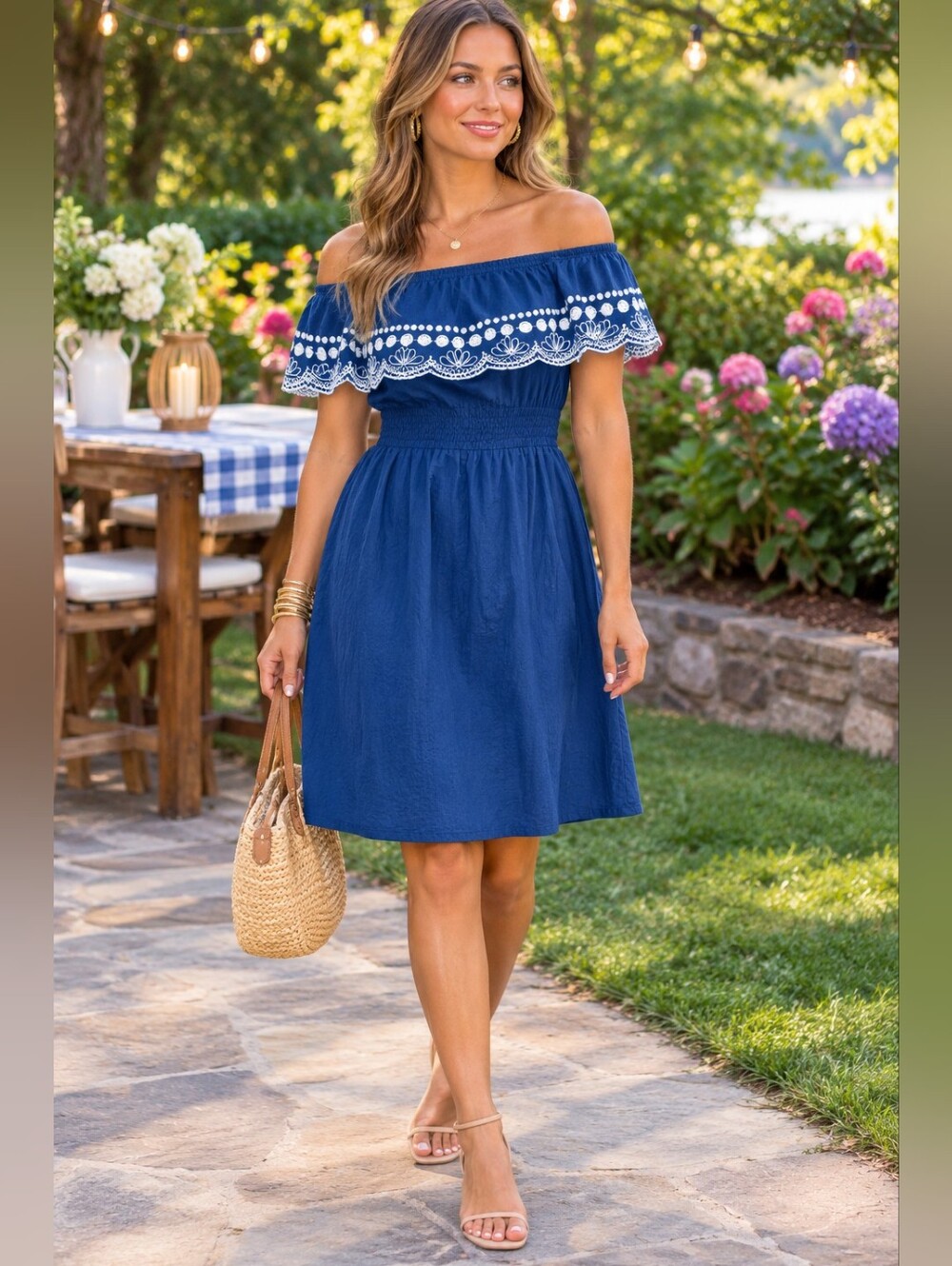 Calypso St. Barth Navy Off-Shoulder Midi Dress with White Embroidery